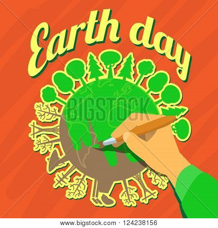 Human hand painting Earth in green, save earth concept.