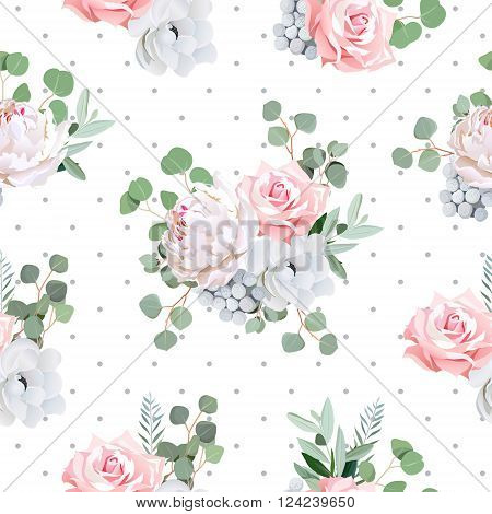 Delicate bouquets of rose peony anemone brunia flowers and eucaliptis leaves. Seamless vector pattern with grey polka dotted backdrop.