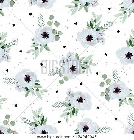 Anemones brunia flowers and eucaliptis leaves. Seamless vector pattern with black hearts dotted backdrop.