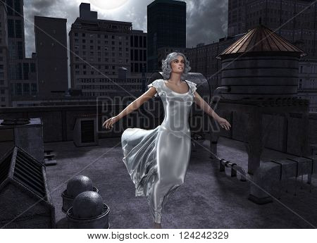 3D illustration of a sleepwalking woman on a big city rooftop during a full moon.