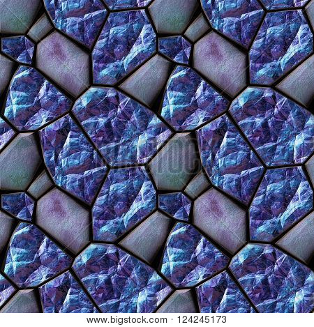 Abstract seamless relief pattern of blue and purple grained stones and crystals