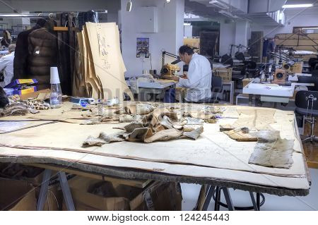 GREECE KASTORIA - March 12.2016: Workshop on sewing female fur coats on a factory