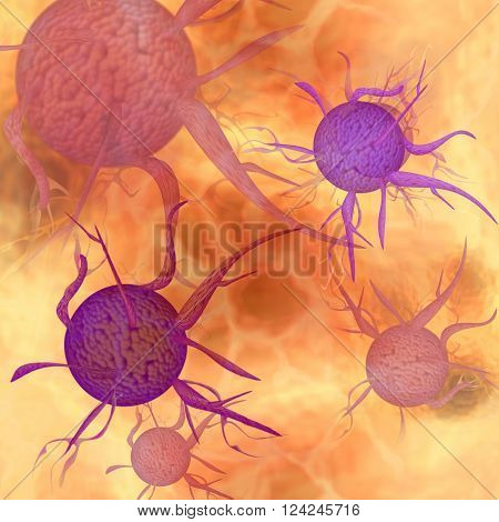Organic background with blood cells, purple and pink viruses infecting organism