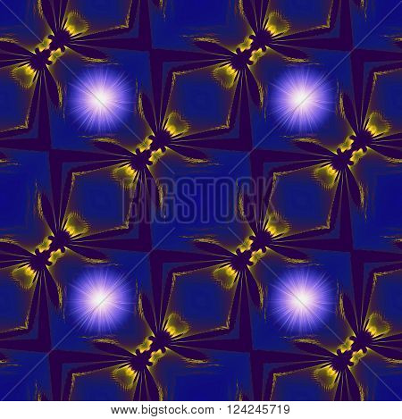 Abstract seamless blue fractal pattern with flying glowing beetles