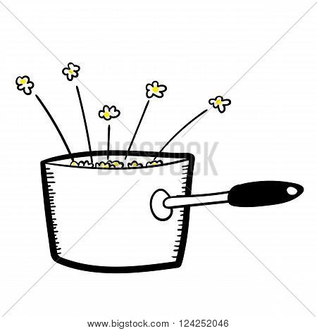 Hand drawn vector illustration of a saucepan full of freshly cooked and popping popcorn