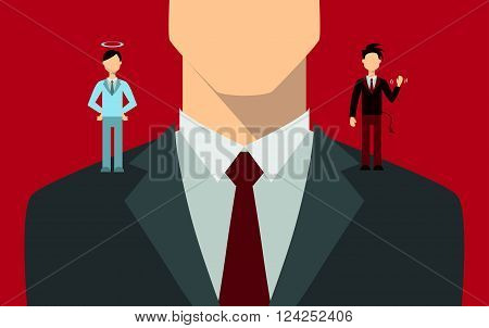 Businessman with angel and devil on his shoulders.