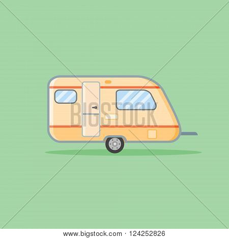 Camper trailer flat style icon. Caravan vector illustration on green background.
