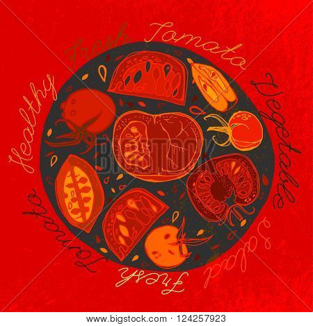 Beautiful hand drawn tomatoes and cherries on a textured background in fresh and juicy style. Vector image. Menu element for cafe or restaurant. Fresh food for healthy life.