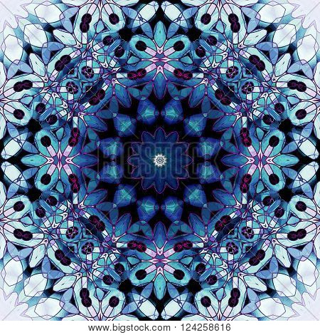 Abstract geometric seamless background. Ornate floral circle ornament in blue and turquoise shades and with elements in pink, violet, white and black, conspicuous and dreamy.