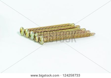 Salf drilling screw flat head on a white background.