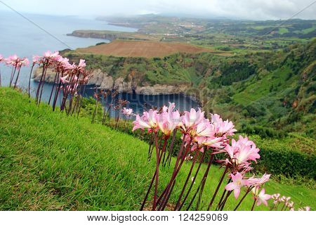 View of north coast of Sao Miguel island from Santa Iria view point near Ribeira Grande, Azores, Portugal