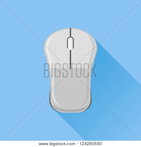 Computer mouse flat icon with long shadow on blue background