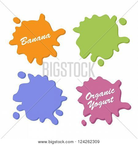 Fruit yogurt logos set. Milk product food strawberry cherry and peach banana and blueberry