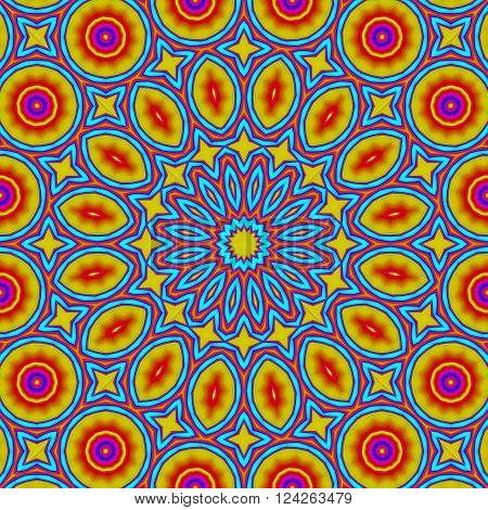 Abstract geometric seamless background. Colorful concentric ornament with elements in bright yellow and red with outlines in turquoise blue. Ornate and conspicuous circle pattern.