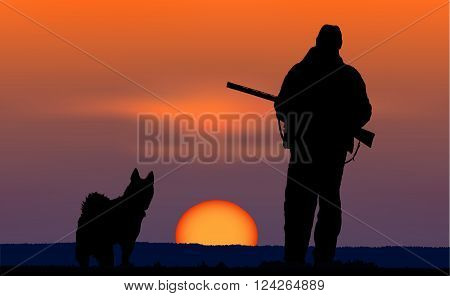 Silhouette of hunter with dog at sunset background