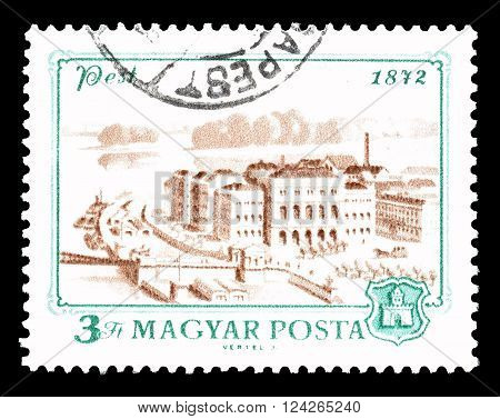 HUNGARY - CIRCA 1972 : Cancelled postage stamp printed by Hungary, that shows Pest in 1872.