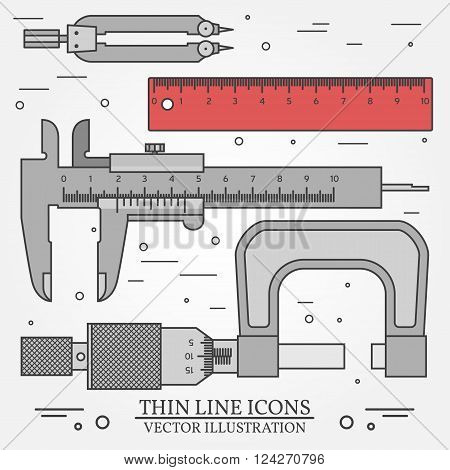 Set vector thin line icons caliper ruler pair of compass and micrometer. For web design and application interface also useful for infographics. Vector dark grey. Vector illustration.