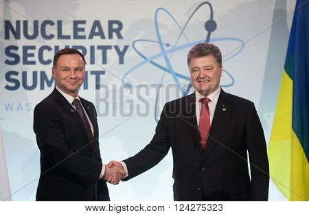 WASHINGTON D.C. USA - Apr 01 2016: President of Ukraine Petro Poroshenko and President of Poland Andrzej Duda at the Nuclear Security Summit in Washington