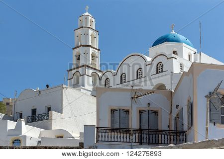 White Church in Pyrgos Kallistis, Santorini island, Thira, Cyclades, Greece