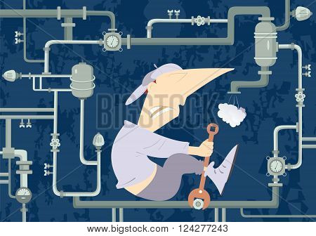 Mechanic Illustration. Comic mechanic hardly tightens the bolt and repairs pipe construction