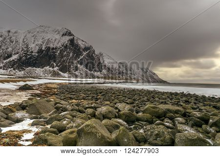 Scenic pebble beach in Eggum Lofoten Islands Arctic Norway Scandinavia Europe on a cloudy winter day.
** Note: Soft Focus at 100%, best at smaller sizes