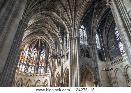Bordeaux France - March 27 2016: 
Aisle and apse in nave of St Louis des Chartrons church. Saint Louis des Chartrons is a typical neo-gothic construction and is situated in the district of Chartrons in north of old town. Bordeaux is capital of Aquitaine.