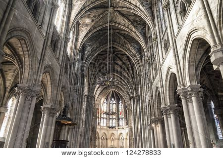 Bordeaux France - March 27 2016: 
Nave of St Louis des Chartrons church. Saint Louis des Chartrons is a typical neo-gothic construction and is situated in the district of Chartrons in north of old town. Bordeaux is capital of Aquitaine. France.