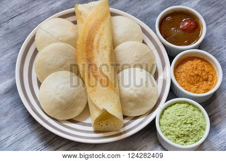 Indian Food Idli and Dosa With Chutney and Sambar