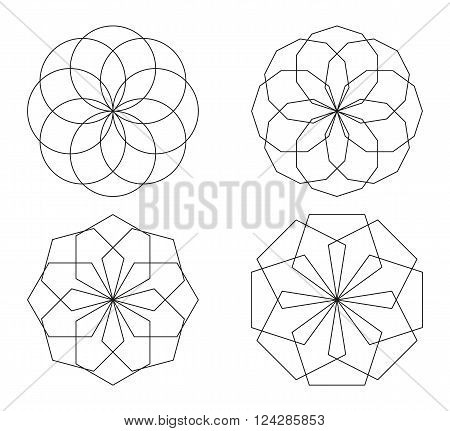 Set of 4 isolated symbols made of circles and polygons black outlines on white background