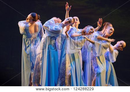 ST. PETERSBURG, RUSSIA - MARCH 28, 2016: Young dancers perform at the opening ceremony of International Festival of Choreographic Art Pari Grand. Artists from 9 countries participated in the festival