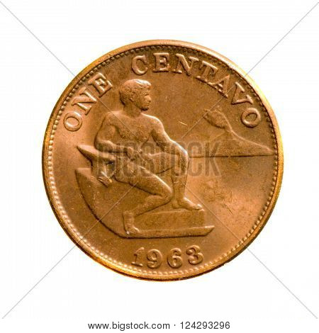 metal coins one centavo Philippines isolated on white background .revers