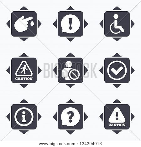 Icons with direction arrows. Caution and attention icons. Question mark and information signs. Injury and disabled person symbols. Square buttons.