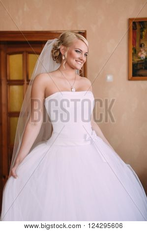 Portrait Of Beautiful Bride With Fashion Veil Posing At Home At