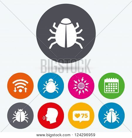 Wifi, like counter and calendar icons. Bugs vaccination icons. Virus software error sign symbols. Human talk, go to web.