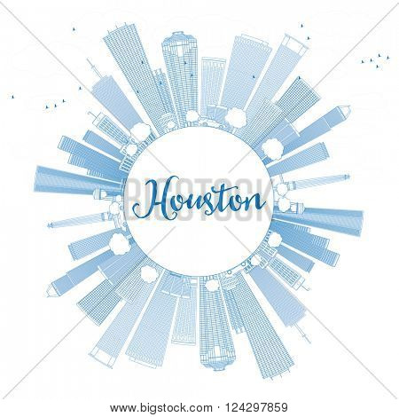 Outline Houston Skyline with Blue Buildings. Vector Illustration. Business Travel and Tourism Concept with Copy Space. Image for Presentation Banner Placard and Web Site.