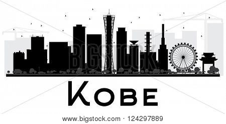 Kobe City skyline black and white silhouette. Vector illustration. Simple flat concept for tourism presentation, banner, placard or web site. Business travel concept. Cityscape with landmarks