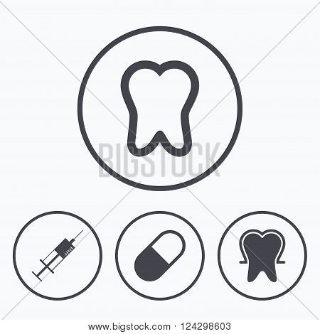 Tooth enamel protection icons. Medical syringe and pill signs. Medicine injection symbol. Icons in circles.