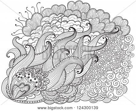 Hand drawn abstract  zendoodle background. Vector outline abstract wavy drawing. Coloring book for adult and children. Coloring page