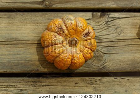 halloween pumpkins shrouded in  cozy orange sweater, fallen leaves on wooden table. top view, copy space
