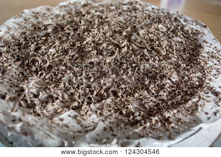 Chocolate cake with chocolote crumbs on it
