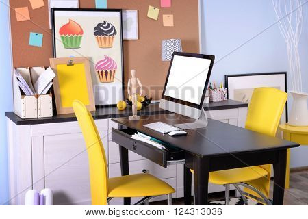 Modern room design. Furniture set with table and chairs.