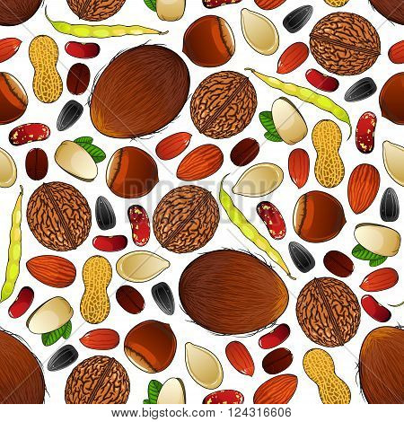 Nuts, seeds and beans seamless pattern with walnuts and almonds, coffee beans and peanuts, hazelnuts and pistachios, sunflower and pumpkin seeds, common beans and coconuts. Agriculture and healthy food theme