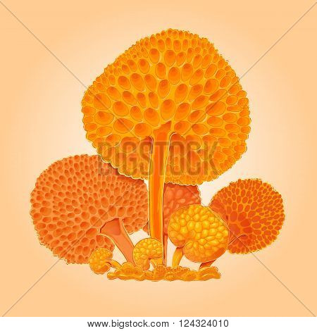Group of orange fantastic mushrooms. Orange cartoon fungus. Hand drawn illustration. Icon for game. Suit for sticky label