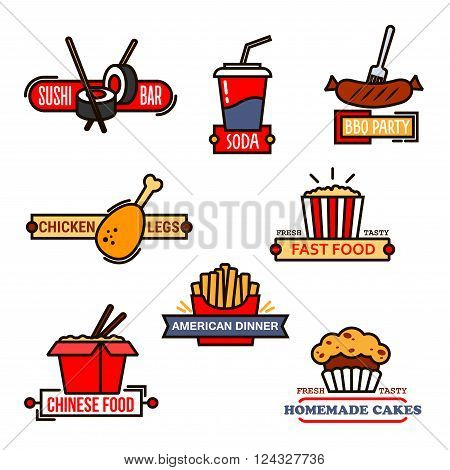 Fast food cafe and sushi bar, grill menu and bakery symbols with thin line icons of chinese food, french fries and popcorn, soda cup and grilled sausage, sushi roll with chopsticks and chicken leg, decorated by banners