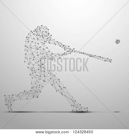 Abstract ballplayer with cybernetic particles. Polygonal digital background. Point and curve constructed theballplayer silhouette wireframe.