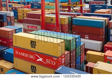 Buenos Aires Argentina - December 17 2012: Shipping containers at the Port of Buenos Aires Argentina. The Port of Buenos Aires is the principal maritime port in Argentina. It is the leading transshipment point for the foreign trade of Argentina.