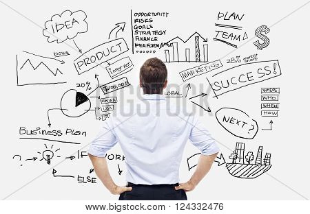 rear view of a caucasian businessman looking at the writings on white board.