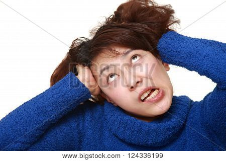 portrait of Asian woman demented on white background