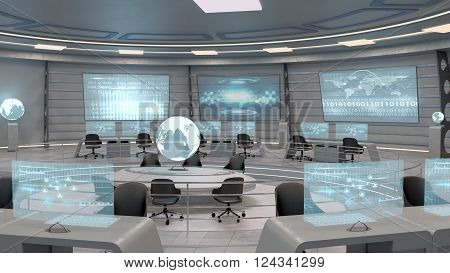 Futuristic interior view of office with holographic screen, technology concept