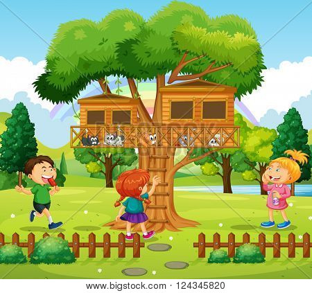 Three kids playing at the treehouse illustration